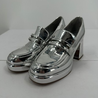 ASOS DESIGN Y2K Silver Platform Loafers Heels UK 6 EU 39 US 8 Retro Club Chunky