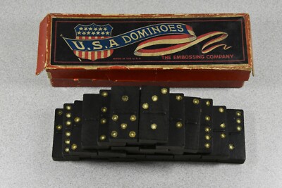 Vintage Patriotic USA Flag Embossed Dominos Game in Original Box 