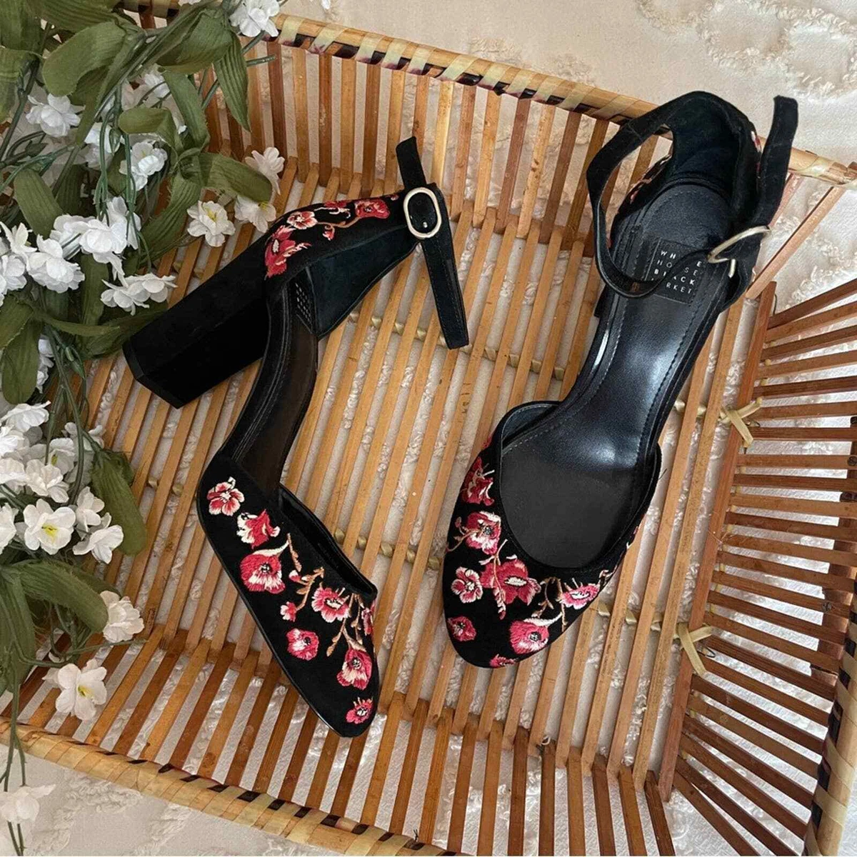 Floral embroidered shop block heels