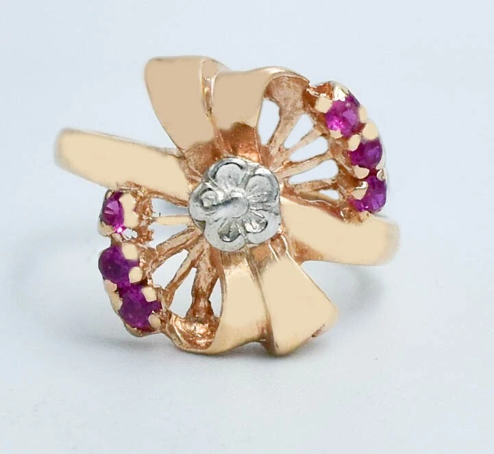 ART DECO VINTAGE LAB CREATED RUBY RING 14K SOLID ROSE GOLD - Image 2 of 4