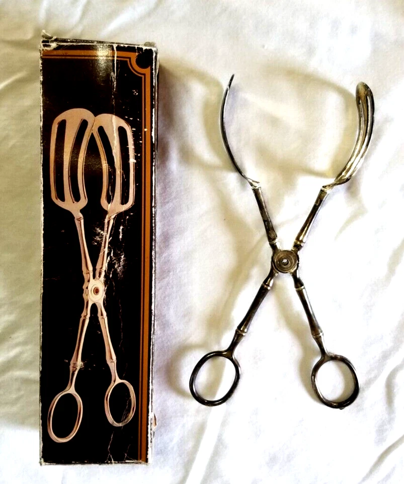 Pinças tesoura vintage folheadas a prata para servir pão salada Itália 9" com caixa - Imagem 2 de 4