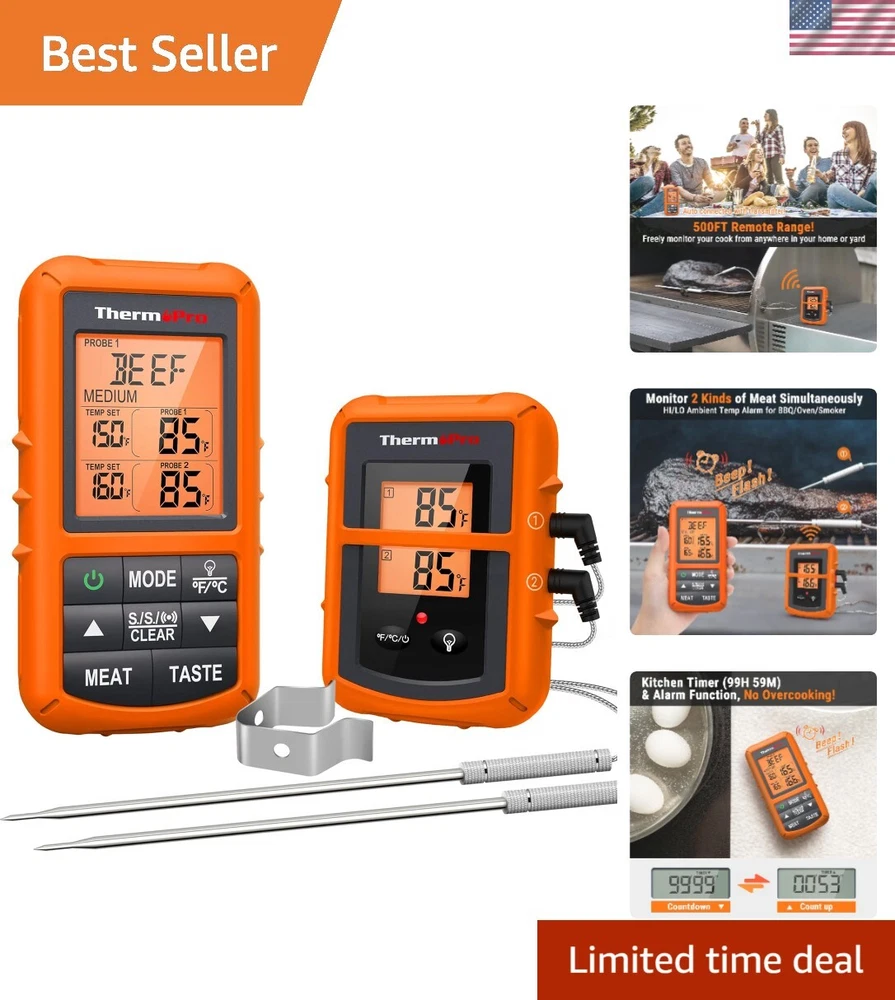 Wireless Meat Thermometer for Smoker BBQ Grill with 500FT Remote Range and Timer