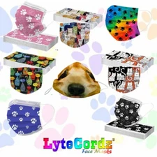 Face Mask Cats Dogs Puppies Kittens Paws Patterns Disposable Surgical 3 Ply 