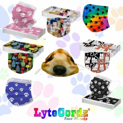 Face Mask Cats Dogs Puppies Kittens Paws Patterns Disposable Surgical 3 Ply 