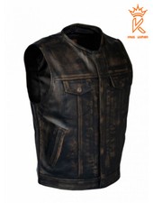 Men Distressed Brown Leather Motorcycle Vest Front Pockets Bike Riding Waistcoat