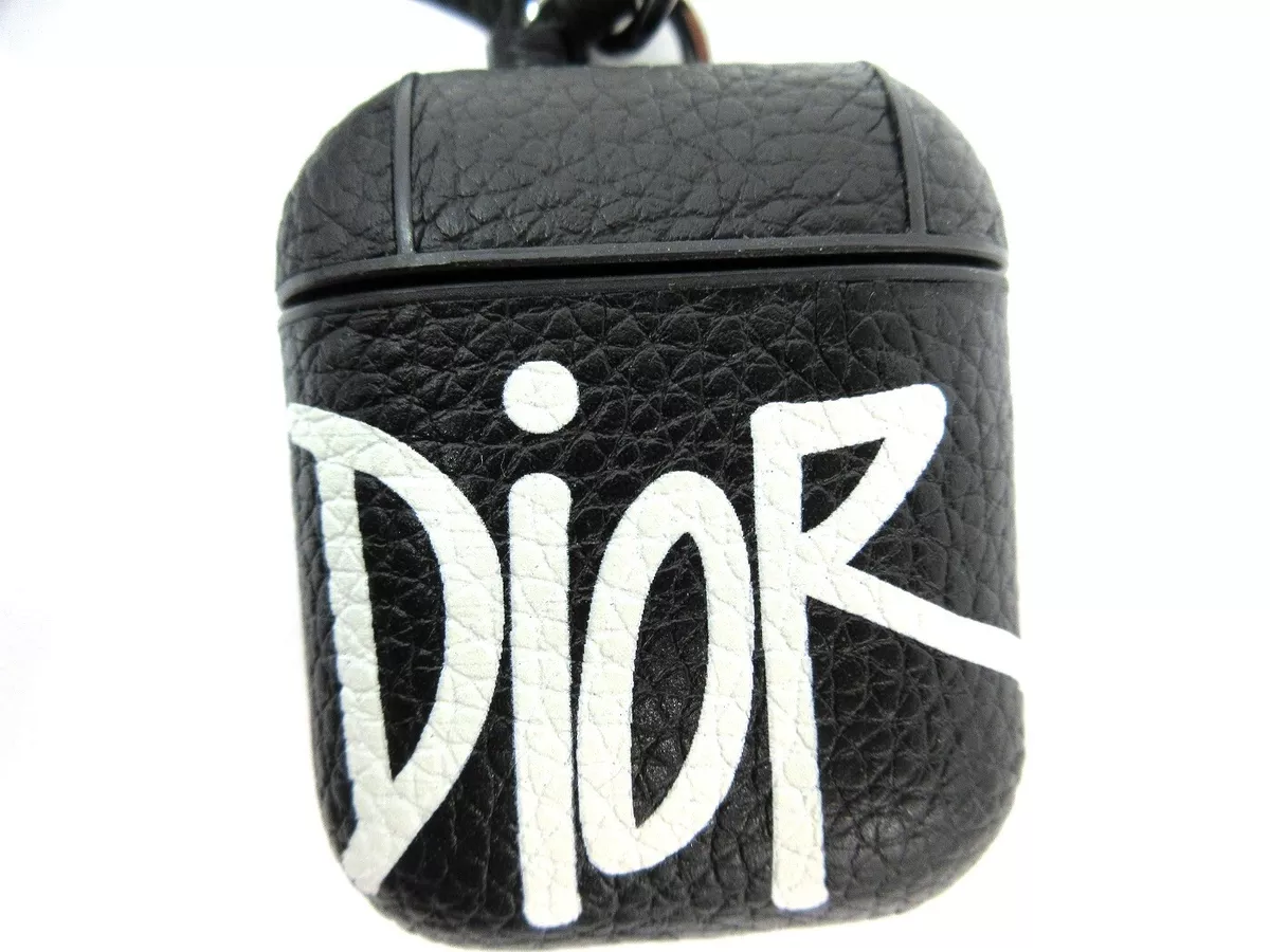 Auth Mint Dior Air Pods Case Stussy Collaboration Black Leather Box 103542  B