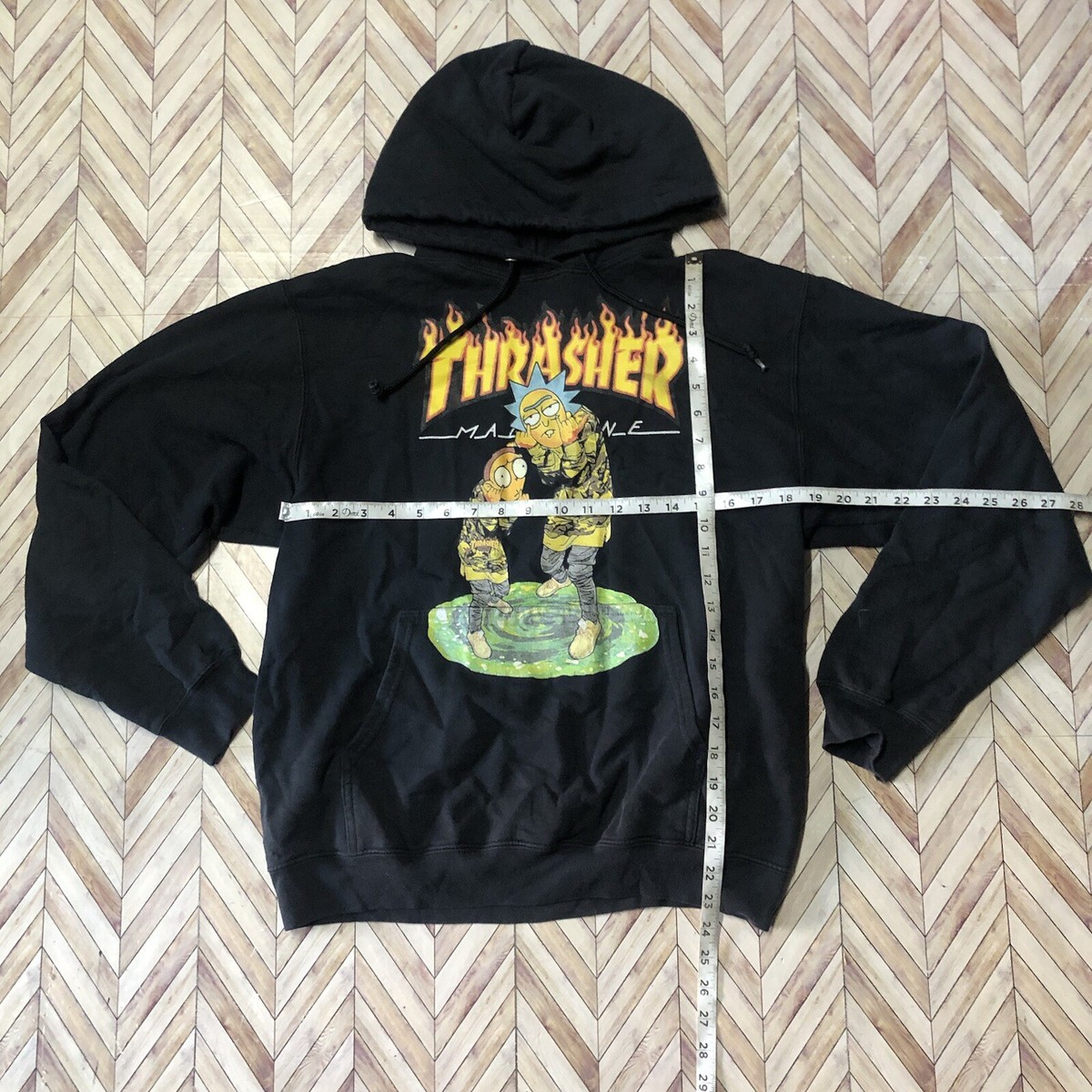 Rick and Morty Thrasher Graphic Pullover Hoodie Black Size Medium