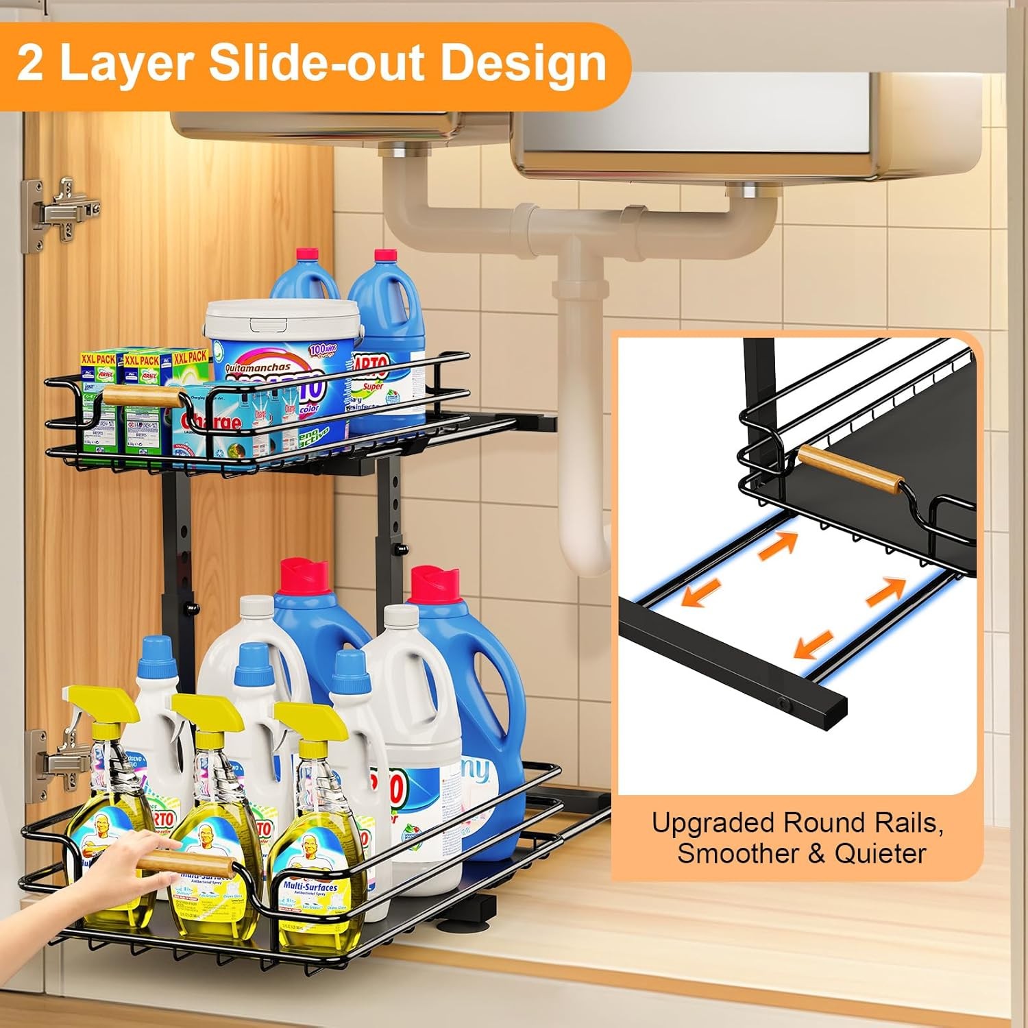 JYPS 2 Pack Under Sink Organizer, 2 Tier Pull out Kitchen 2-Pack, Black 