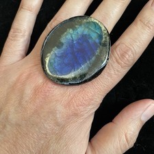 Cobalt Blue Ocean Oval Handmade Artisan Ceramic Glass Ring Adjustable Oversized