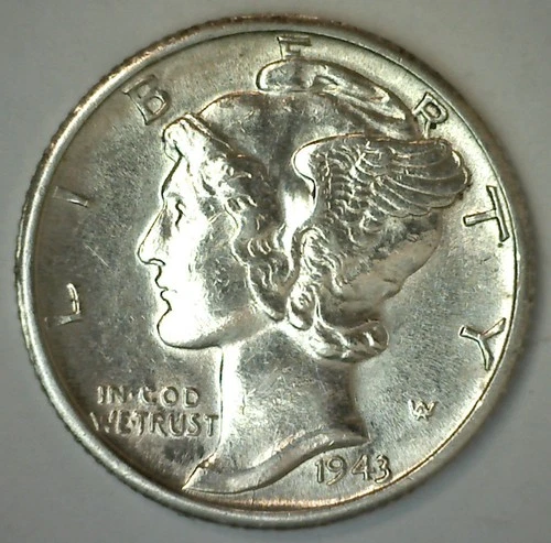 BU 1943 D Mercury Dime Silver Brilliant Uncirculated 10c US 10 Cents Coin