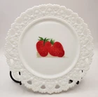 Vintage Kemple Lace Edge Milk Glass Plates with Hand Painted Fruit Strawberry