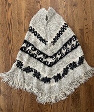 Vintage Ethnic Loose Hand Knit Fringe Poncho Tribal Alpaca Mohair Wool Crunchy