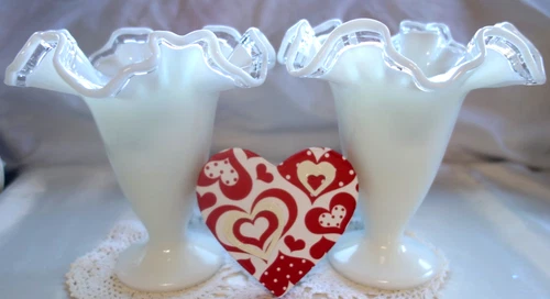 FENTON(PAIR/2)~MINT+PERF~1941~SRC~6"CRYSTAL(DOUBLE)CREST"VINTAGE~FOOTED VASE(s)