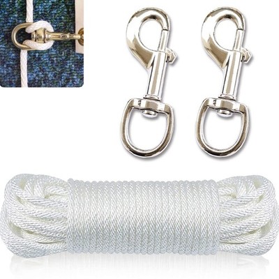 Huouo 50 FT Flagpole Halyard Rope + 2 Pcs 3.5'' Flag 2 Silver Hooks + 