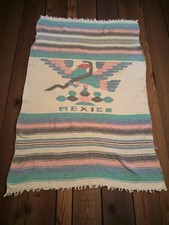 Vintage Mexican Handwoven Pastel Cotton Blanket With Eagle  Snake Design