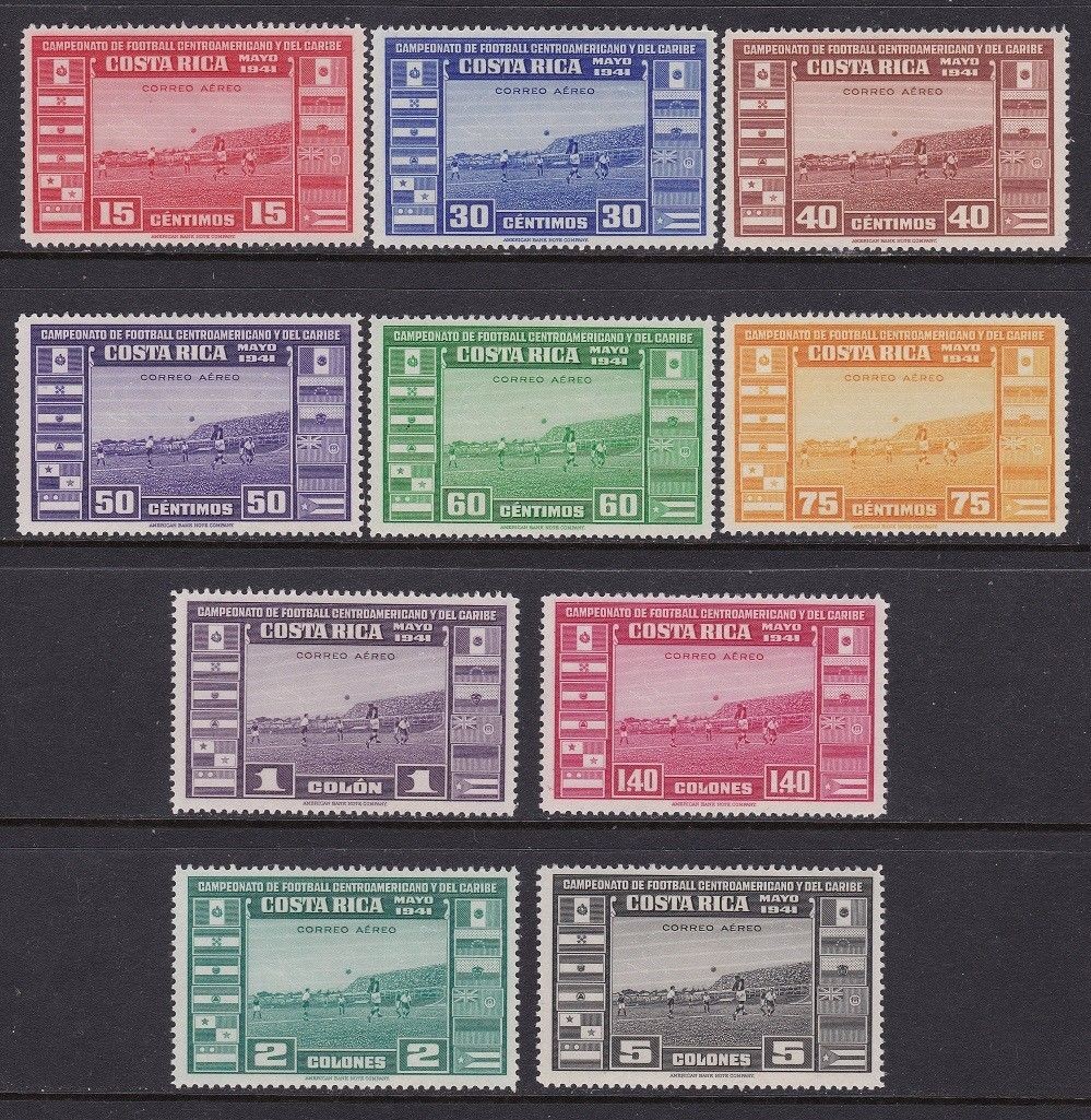 1941 COSTARICA, Yvert Airmail # 54euro63, Football, 10 Values, MLH*
