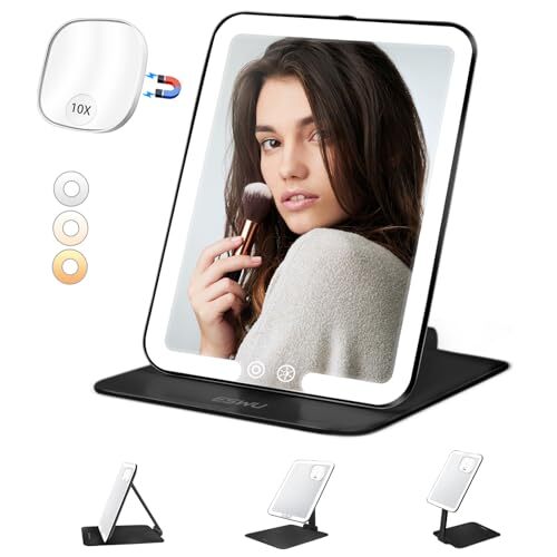 Portable 8.26x6.1inch Travel Makeup Mirror with 10X Magnification and LED Light in Black-image
