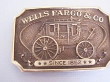 Vintage Official LE Wells Fargo Brass Belt Buckle and WF Leather Belt 36-40