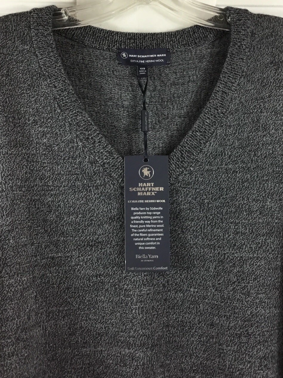 Hart Schaffner Marx V-Neck Sweater Mens 4XB Gray Extra Fine Merino Wool $99.50