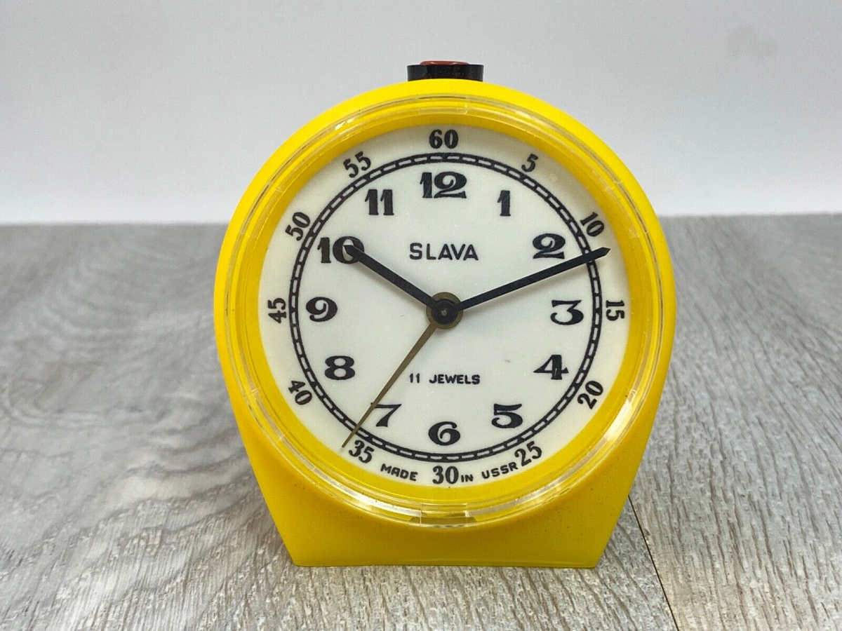Slava Yellow desk table vintage mechanical alarm clock Soviet Era