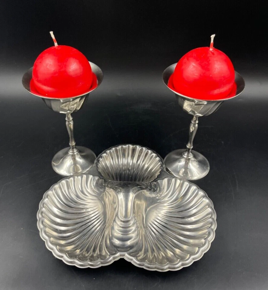 SET APERITIVO ANTIPASTIERA 3 SCOMPARTI CONCHIGLIA 2 PORTA CANDELA CANDELABRO - Immagine 2 di 4