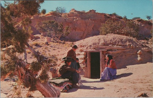 Navajo Family At Entrance Of Their Hogan Native American Chrome Vintage Postcard