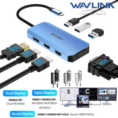 Wavlink USB C Hub Laptop Docking Station Quad Monitor Dual HDMI DP VGA 3xUSB A
