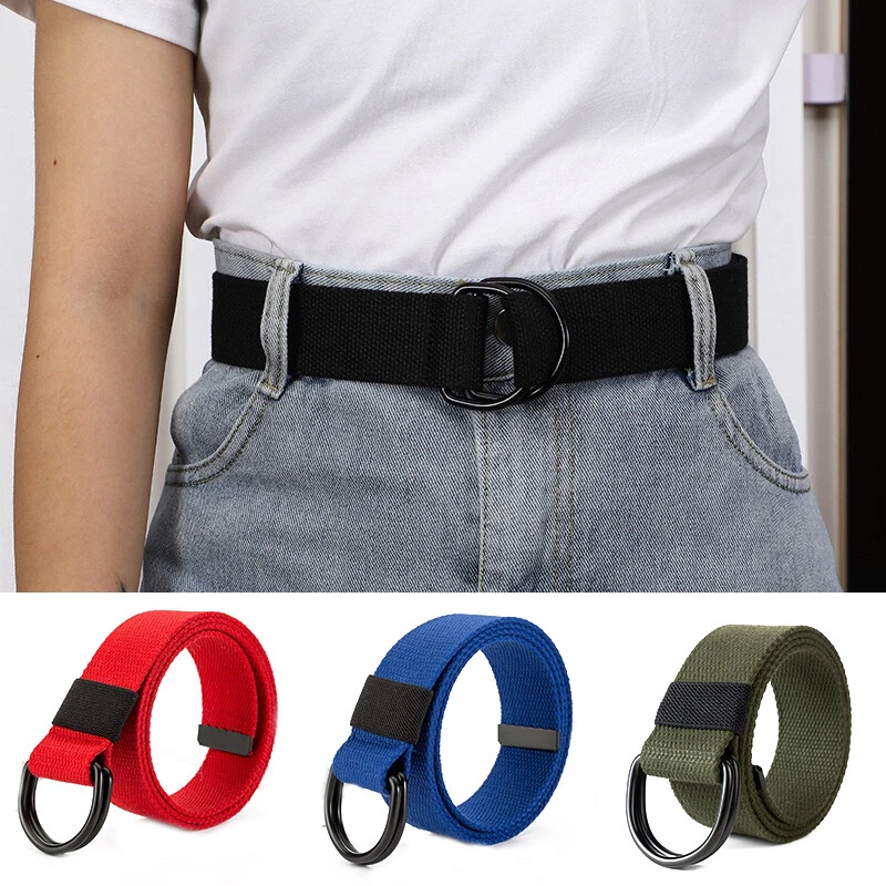 Mens Womens Canvas Belt With Black D ring Wide Extra Long Solid Waistband New