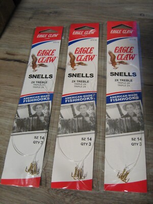 9 Snelled Eagle Claw 2X Treble Snell Fishing Hooks - Size 14 Gold #673