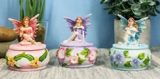 Blue Pink Purple Flower Fairy Garden Small Decorative Box Figurines Set Of 3