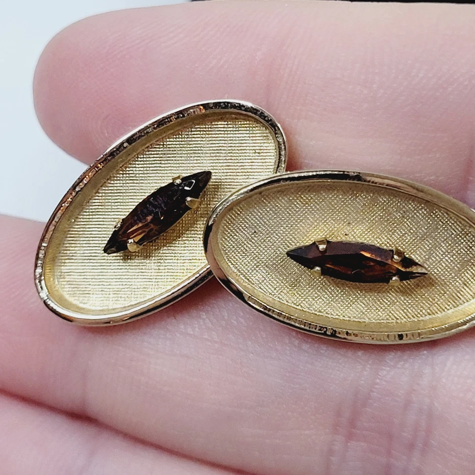 Vintage Shields Mens Cufflinks Tie Pin Set Gold Tone Oval Rhinestone Carlton Box - Image 3 of 4