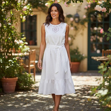 Talbots White Dress Sleeveless Belted 100% Cotton Sundress Embroidered Sz L (14)