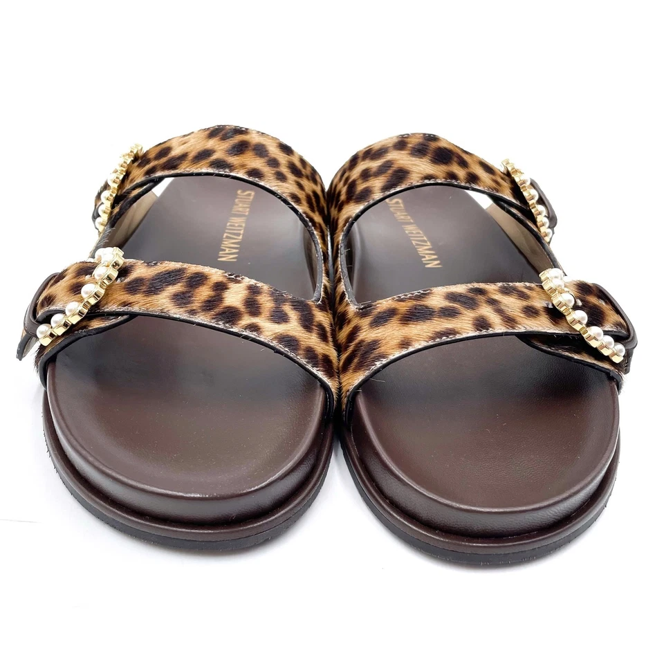 Sandálias Stuart Weitzman Piper Slide fivela perolada creme chita cal cabelo tamanho 10.5 - Imagem 4 de 4