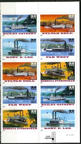SC# 3091-95 - 1996 32¢ Riverboats - postfrisch NH Plattenblock mit 10 Marken