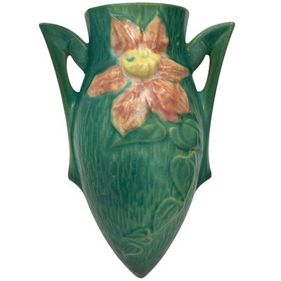 Vintage 1940s Roseville Pottery ''Clematis'' Forest Green Wall Pocket #1295-8 USA