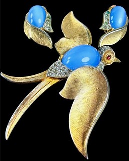 TRIFARI Blue Jelly Belly Swallow Bird Pave Rhinestone Brooch Earring Set