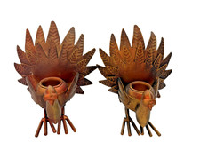 Pair Bronze Color Metal Tin Turkey Thanksgiving Taper Candle Holder Figurines