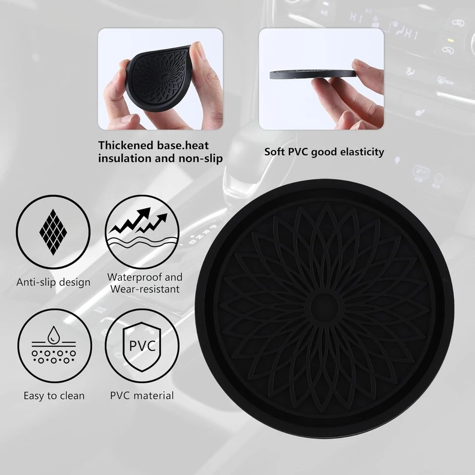 Paquete de 4 Portavasos Coche Negro, Universal Antideslizante, Posavasos Coche Bebidas PVC Suave Foto 2 de 4