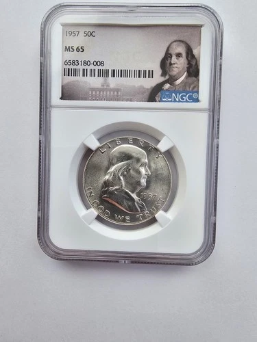 SILVER 1957 P MS65 FRANKLIN HALF DOLLAR GRADED NGC 50C P MINT 90% AG COIN
