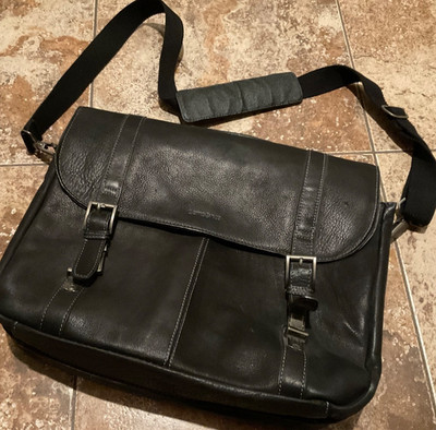 VINTAGE SAMSONITE TUMBLED LEATHER PADDED LAPTOP BOOK BAG BLACK GREY PREOWNED