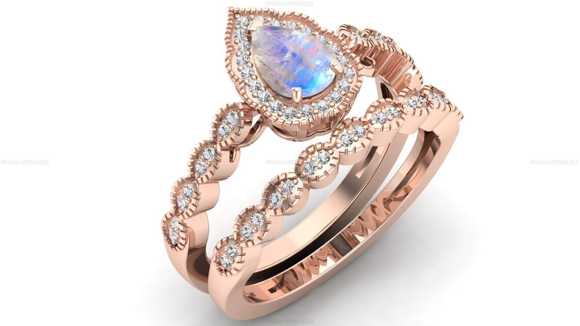 Victorian Engagement Ring Set with Moonstone and Diamonds in 14k Gold-image