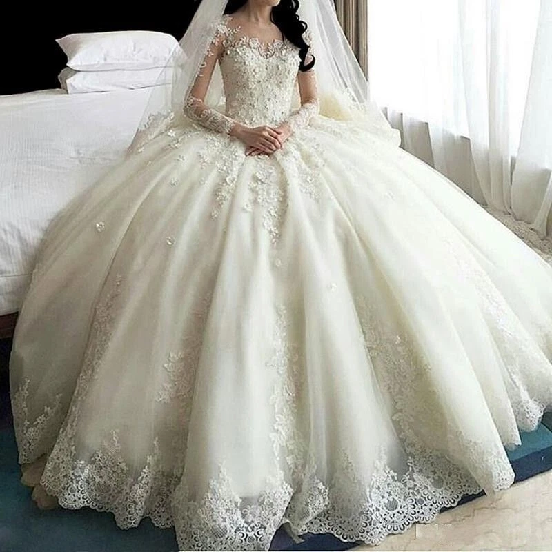 Ivory Lace Appliques Ball Gown Wedding Dress Long Sleeve Bridal Gown Elegant - Image 2 of 4