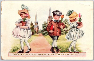 We Come To Wish You Easter Joy Kids Brings Potted Plants Postcard