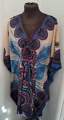 INDIAN Style Bluse Kleid Tunika Hängerchen Blau  bunt  Gr.36 bis kl.46 T1