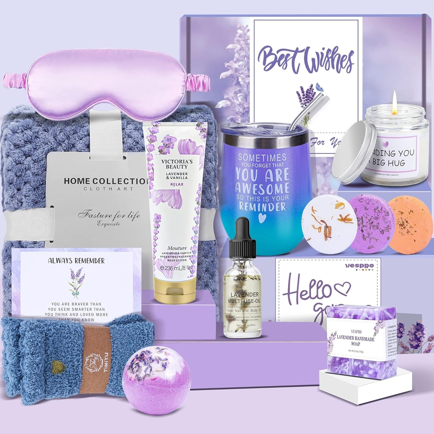 Spa Gift Basket for Women - 15 Luxurious Lavender Products for Pampering Moments