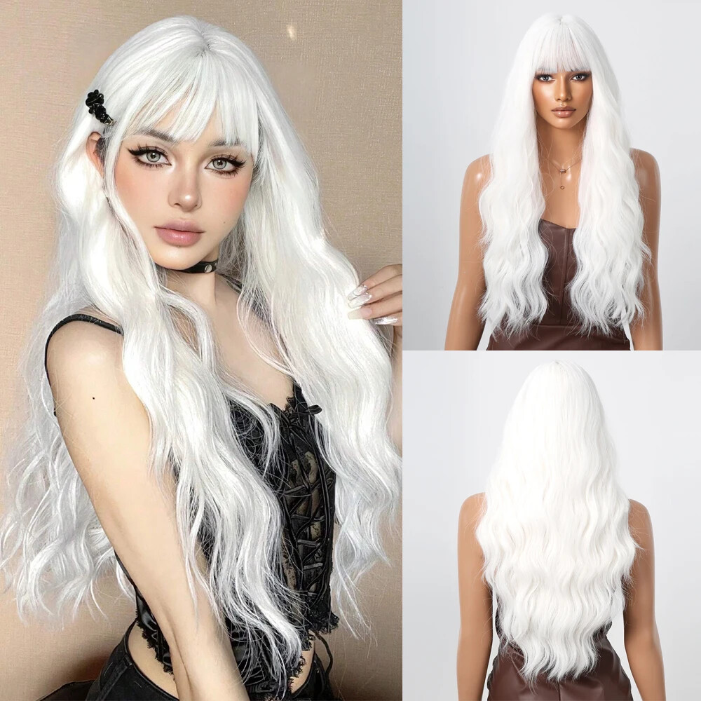 ReFa PERFECT BANGS ホワイト Long Wavy Synthetic Hair Wig with Bangs White Cosplay Wigs