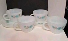 Vintage Set of 4 MCM Bonnie Blue Fire-King Cups and Saucers c.1955
