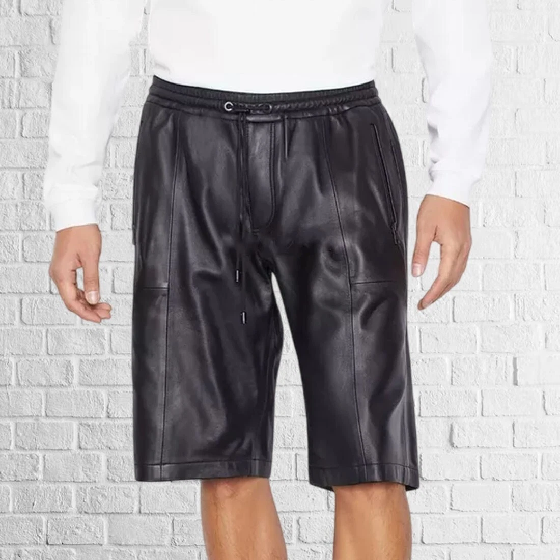 Men's Genuine Black Leather Real Lambskin Shorts Gym Boxer Shorts Pant Sport