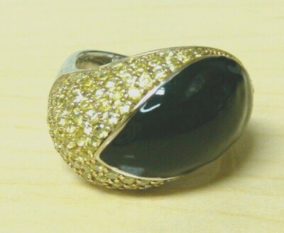 925 Sterling Silver Yellow Quartz black Enamel Ring Size 8, Signed Canari