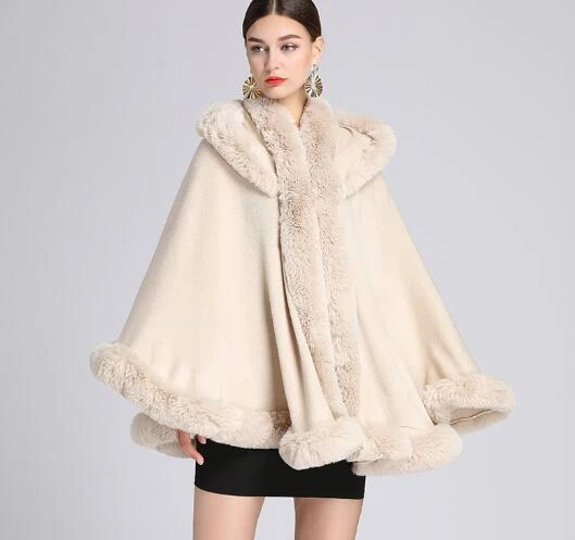 Wool Cashmere Ponchos Faux Fox Fur Trim Cape Cardigan Coat Hooded Loose Casual - Image 3 of 4